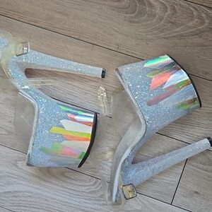 8 Worn Pleaser Holographic Silver Platform Heels